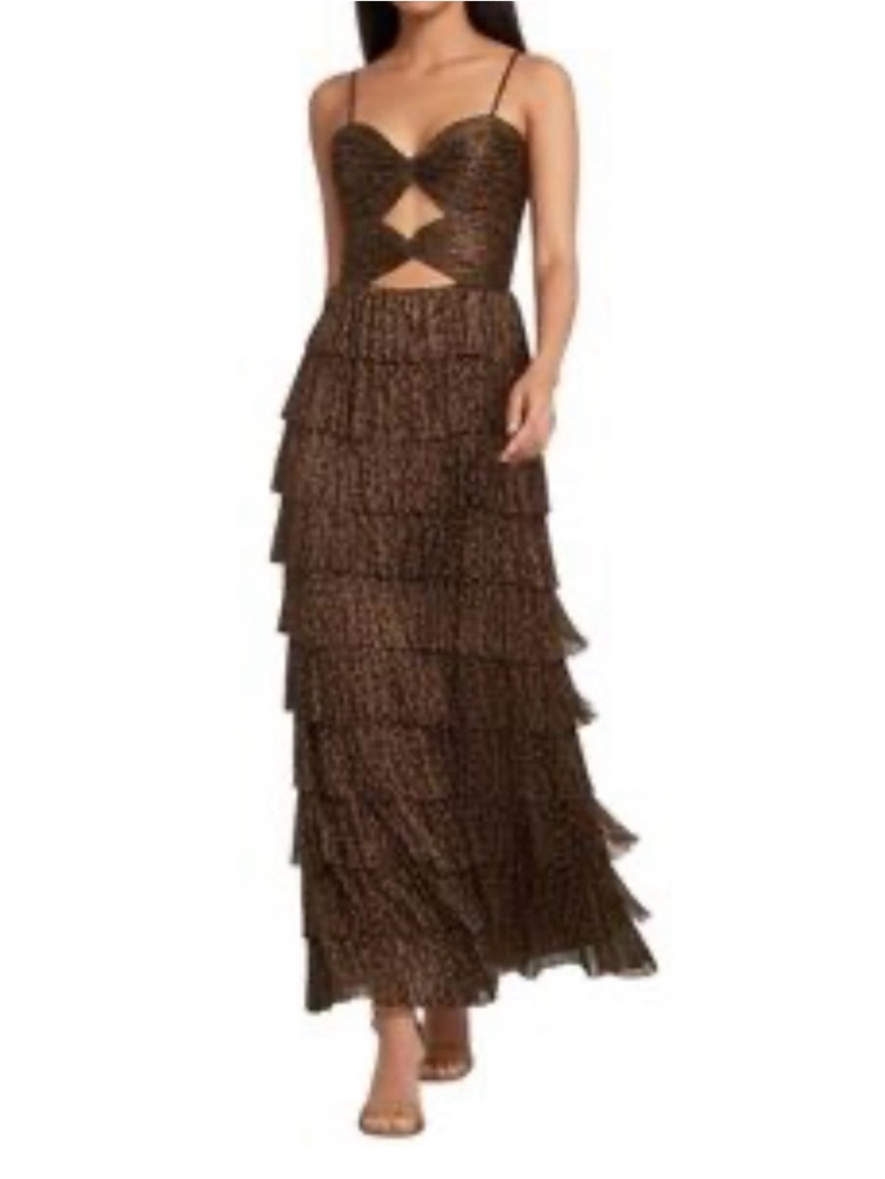 NWT Gianni Bini Grace Metallic Plisse
Sweetheart Neck Cut-Out Tiered Dress